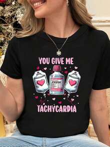 Romance médico, momentos creativos conmovedores. Camiseta de primavera-verano de cuello redondo, estilo casual, para mujer, talla grande, con estampado de elementos médicos "You Give Me Tachycardia". - Negro - Ver 1
