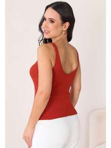 Women's Basic Ribbed Modal Knit Tank Top With Wide Straps, Casual Knit Summer Blouse - Red - View 2