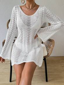 Women's White Crochet Hollow Out Flare Sleeve Knit Dress, Elegant Casual Vacation Style Beach Cover-Up, Suitable For Mother's Day - White - View 11