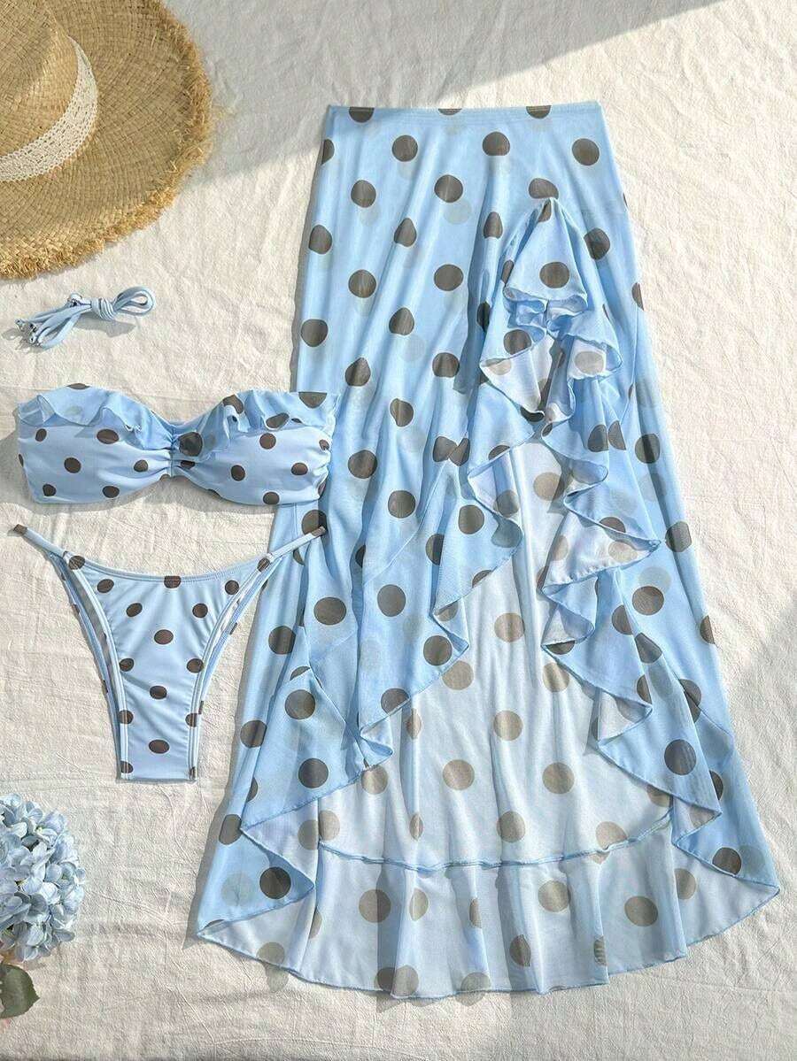 X1SI Nuevo conjunto de traje de baño de 3 piezas con vestido de cubierta de malla de accesorio de metal con estampado floral y tirantes delgados, adecuado para la playa, fiesta en la piscina, vacaciones de verano - Celeste - Ver 1