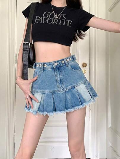 Chân váy denim ngắn cạp trung màu trơn dành cho nữ, có tua rua, kiểu dáng thường ngày, thích hợp cho mùa xuân/hè.