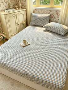 3pcs Bedding Set, Checkerboard Pattern, Soft & Comfortable, Includes 1 Fitted Sheet And 2 Pillowcases, No Filling, Suitable For Dorm, Bedroom, Home Use, Multiple Sizes Available - Blue Coffee - View 10