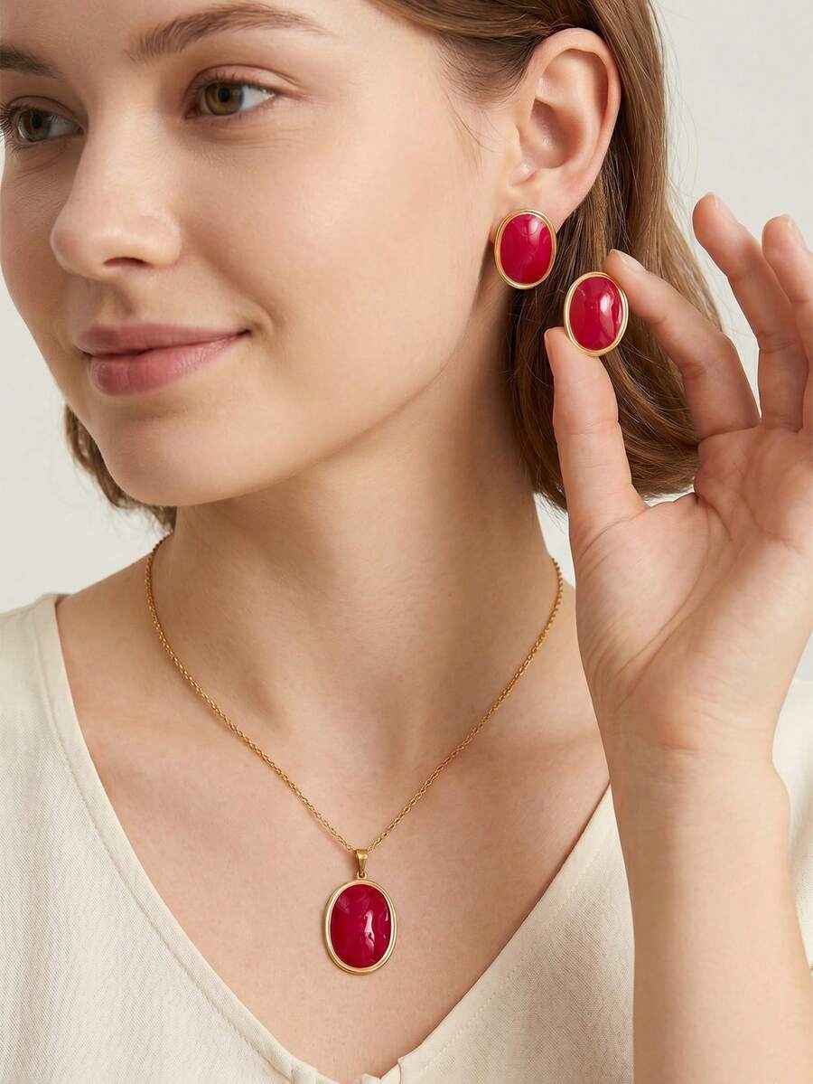 Enamel Oval Pendant Necklace Earrings Set, Stainless Steel Jewelry Set For Women, Red White Black, Summer Beach Daily Accessory For Women