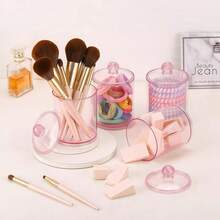 4 pezzi Scatole di stoccaggio trasparenti con coperchi, adatte per il bagno e la scrivania, possono contenere batuffoli di cotone, cotton fioc, cosmetici e accessori, design minimalista multifunzionale - Rosa - Visualizzare 11