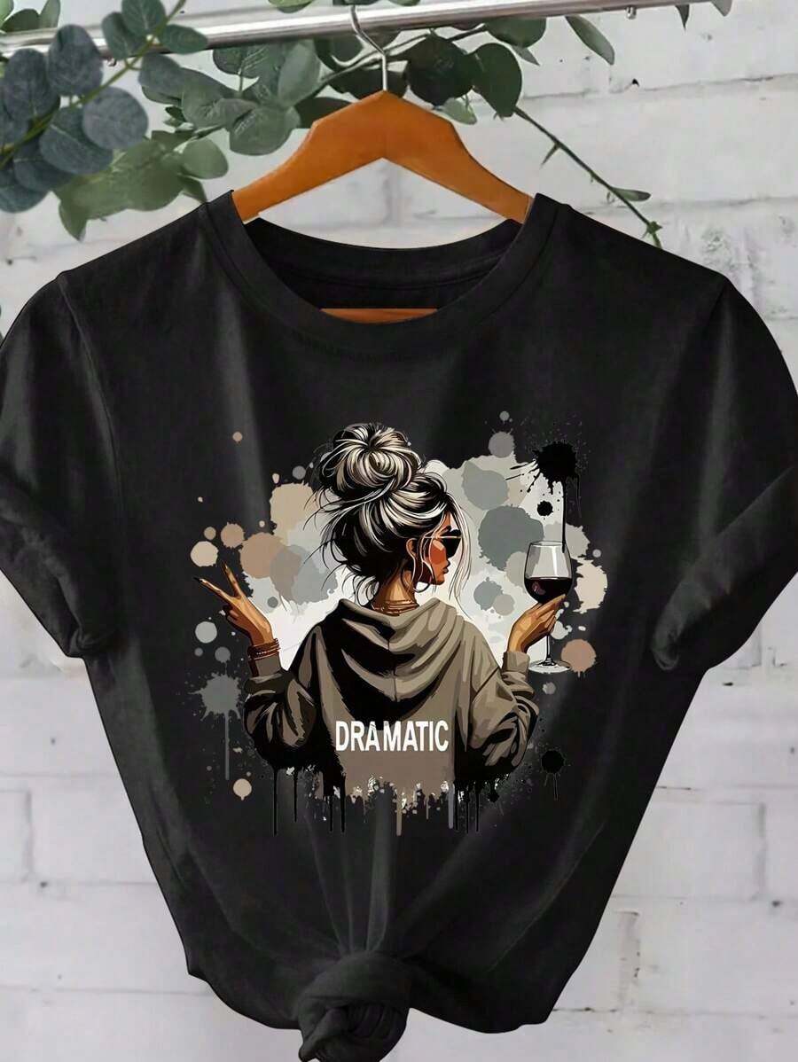 Camiseta de Manga Corta con Cuello Redondo y Estampado de Lema Irónico, Divertida Camiseta de Moda para Adultos, Adecuada para Uso Diario Casual - Negro - Ver 1