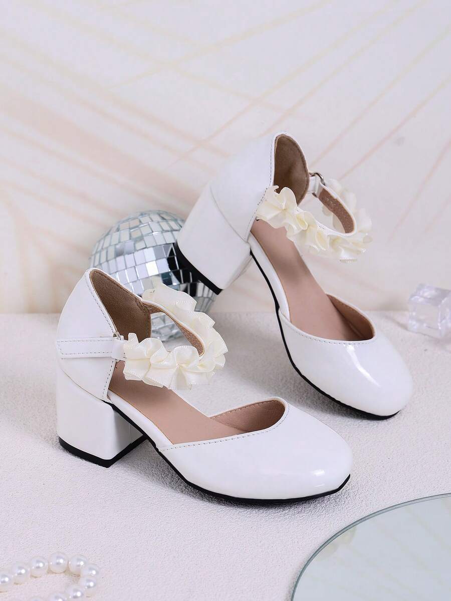 1 Pair Girls' Sequin Chunky Heel Princess Style Performance High Heels, Girls' Daily Wear High Heels - White - View 1