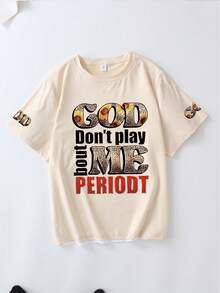 Áo thun nữ cỡ lớn tay ngắn cổ tròn in hình "God Don't Joke With Me" (Chúa đừng đùa với tôi), kiểu dáng thường ngày, thích hợp cho mùa hè. Phù hợp cho đi biển, kỳ nghỉ, mặc hàng ngày, dự tiệc, đi học, lễ hội âm nhạc và các dịp hè khác. - Màu be - Xem 2