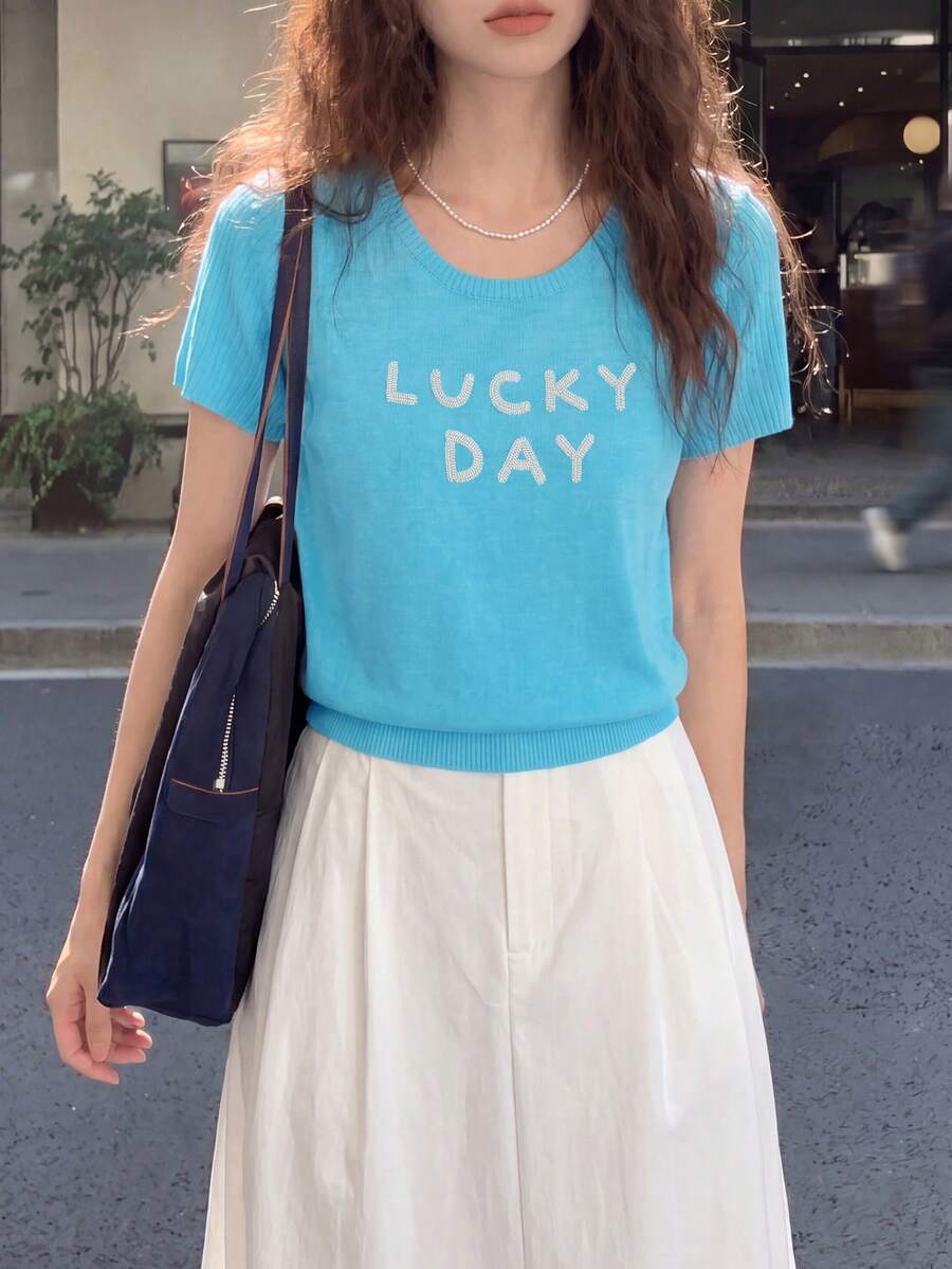 Women's Casual Minimalist Refreshing Versatile Short Sleeve Knit Top, Summer - Sky Blue - View 1