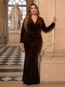 Plus Size V-Neck Long Sleeve Dress Elegant Formal Evening Prom Wedding Guest Gown, For Graduation, Dinner - Brown - View 1