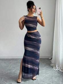 Raffinéa Vestido ajustado de mujer con abertura, de malla con efecto tie-dye degradado sin mangas, conjunto de 2 piezas - Azul - Ver 4