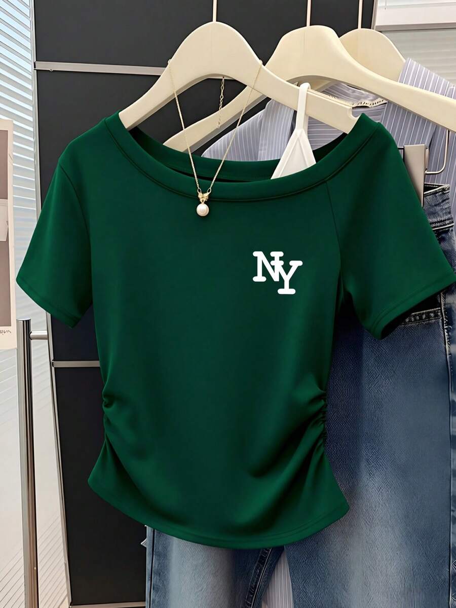 Olive Green One-Shoulder Short Sleeve T-Shirt, Olive Green Ruched Waist Slim Fit Short Sleeve Casual Summer - Dark Green - View 1