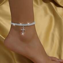A Stylish And Luxurious Rhinestone Cross Anklet, Perfect For Women To Wear On Casual Outings, Vacations, Beach Parties, And Dates.It Is An Ideal Gift For Birthdays And Valentine's Day. - Vàng - Xem 6