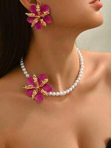 Bộ trang sức 3 món thanh lịch gồm dây chuyền và bông tai, phong cách cung điện Pháp lãng mạn, ngọc trai giả, thiết kế hoa acrylic 3D màu đỏ đan xen, thích hợp để đeo hàng ngày, dự tiệc, làm quà tặng sang trọng. - vàng - Xem 4