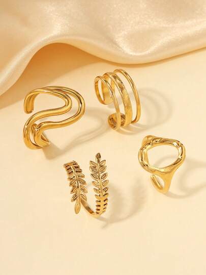 4pcs 18K Gold-Tone Stainless Steel Adjustable Rings Set, Oval, Wheat Ear Pattern, High Quality, No Fading