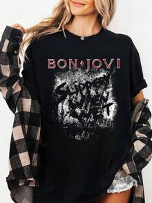 Women's T-Shirt, 100% Cotton, Bon Slippery When Wet T-Shirt, Round Neck, Printed, Men's Short Sleeve Sports T-Shirt, Lightweight, Breathable, Summer Hit. - 黑色 - 查看 8