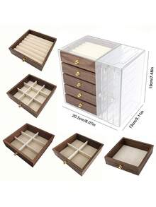 Large Capacity 3/5 Tier Wooden Jewelry Box, Transparent Acrylic Dust-Proof Jewelry Storage Box With Drawers, Multi-Functional Ring Earring Necklace Bracelet Organizer, Elegant Vanity Display Case, Ideal Gift For Women - Walnut Acrylic Jewelry Box - View 16