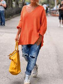 1pc V-Neck Knit Top, Front Short Back Long Hem With Slit, Suitable For Spring, Autumn, Winter - Orange 2 - View 4