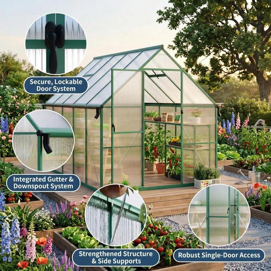 8x10 FT Walk-In Polycarbonate Greenhouse, Heavy Duty Outdoor Greenhouse With Reinforced Aluminum Frame, UV Protected Panels, Adjustable Roof Vent & Lockable Door For Garden Backyard - A - View 1