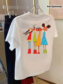 Short-Sleeved T-Shirt With Front And Back Panels -  For Girls, Fashionable Cartoon-Style Print -Printed T-Shirt For Women, Spring/Summer, An Ideal Fashion Item For Weekend Outings, Gatherings, And Travel. - White - View 1