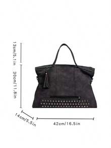 Vintage And Fashionable Large Capacity Commuting Tote Bag With Rivets And Tassels, Versatile - Màu xám đen - Xem 4