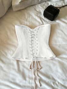 Áo croptop corset xương cá gợi cảm có dây buộc, áo quây hở eo thời trang cho nữ, dễ thương cho buổi hẹn hò, tiệc tùng mùa hè. - trắng - Xem 2
