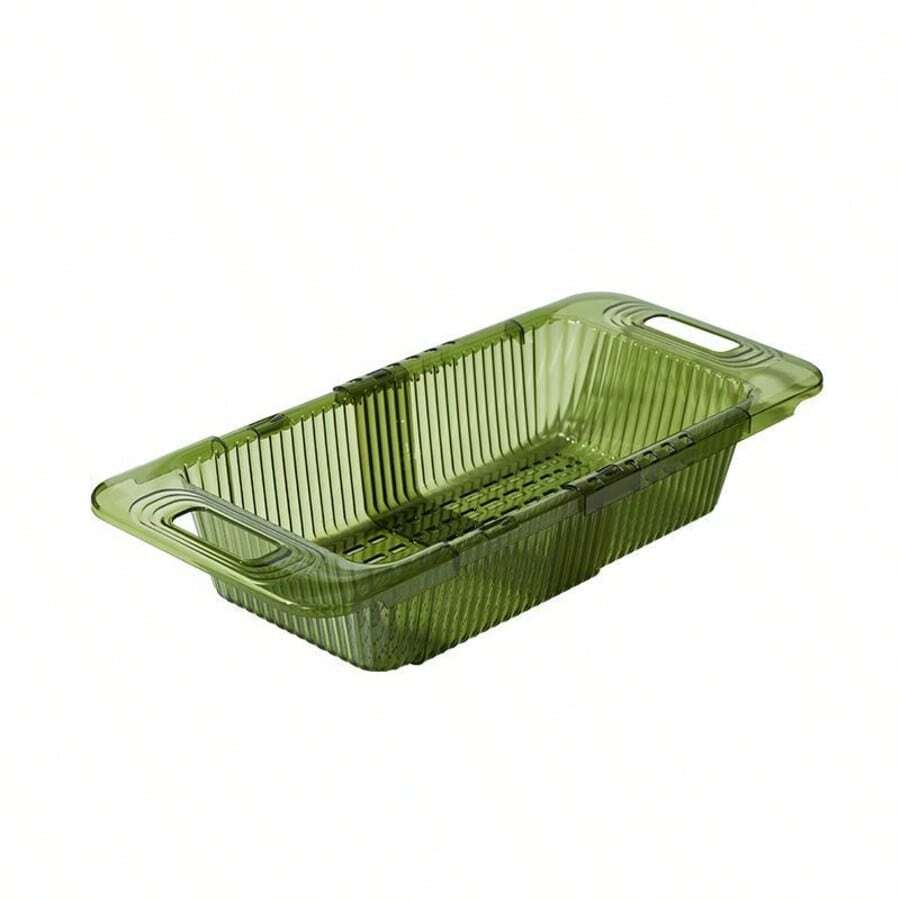 1 pieza Cesta de drenaje expandible, Cesta de lavado de verduras rectangular de plástico ajustable, Escurridor de platos 2 en 1, Artículo esencial del hogar que ahorra espacio