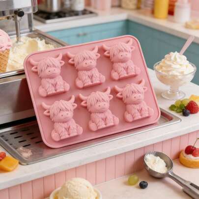 1pc Pink/Blue 6-Cavity Highland Cow Shaped Silicone Tray, Cute Cow Mold For Chocolate, Candy, Ice Cream, Whiskey Cocktail, Home Kitchen Ice Making Tool