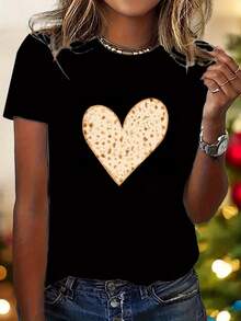 Women's T-Shirt With Heart Print - Soft And Stretchy Fabric, Casual Short-Sleeved Top, Gift, White With Gold Geometric Design, Machine Washable, Suitable For Everyday Wear Or  Celebration Attire. | Round Neck Top | Non-See-Through Material - 白色 - 查看 7