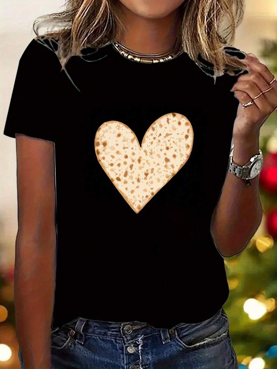 Women's T-Shirt With Heart Print - Soft And Stretchy Fabric, Casual Short-Sleeved Top, Gift, White With Gold Geometric Design, Machine Washable, Suitable For Everyday Wear Or Celebration Attire. | Round Neck Top | Non-See-Through Material - 黑色 - 查看 1