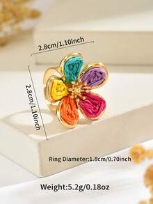 1pc Pastoral Fresh Style Raffia Flower Open Ring, Women's Versatile Colorful Jewelry For Travel And Commute - Color - View 2