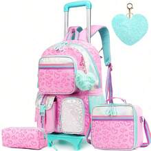 3pcs/Set Tas Ransel Anak Perempuan dengan Banyak Kantong, Desain Bintang & Hati, Cocok untuk Anak Perempuan, Dilengkapi Roda untuk Memudahkan Dibawa - Bintang Berujung Lima Hati dengan Banyak Kantong - View 17