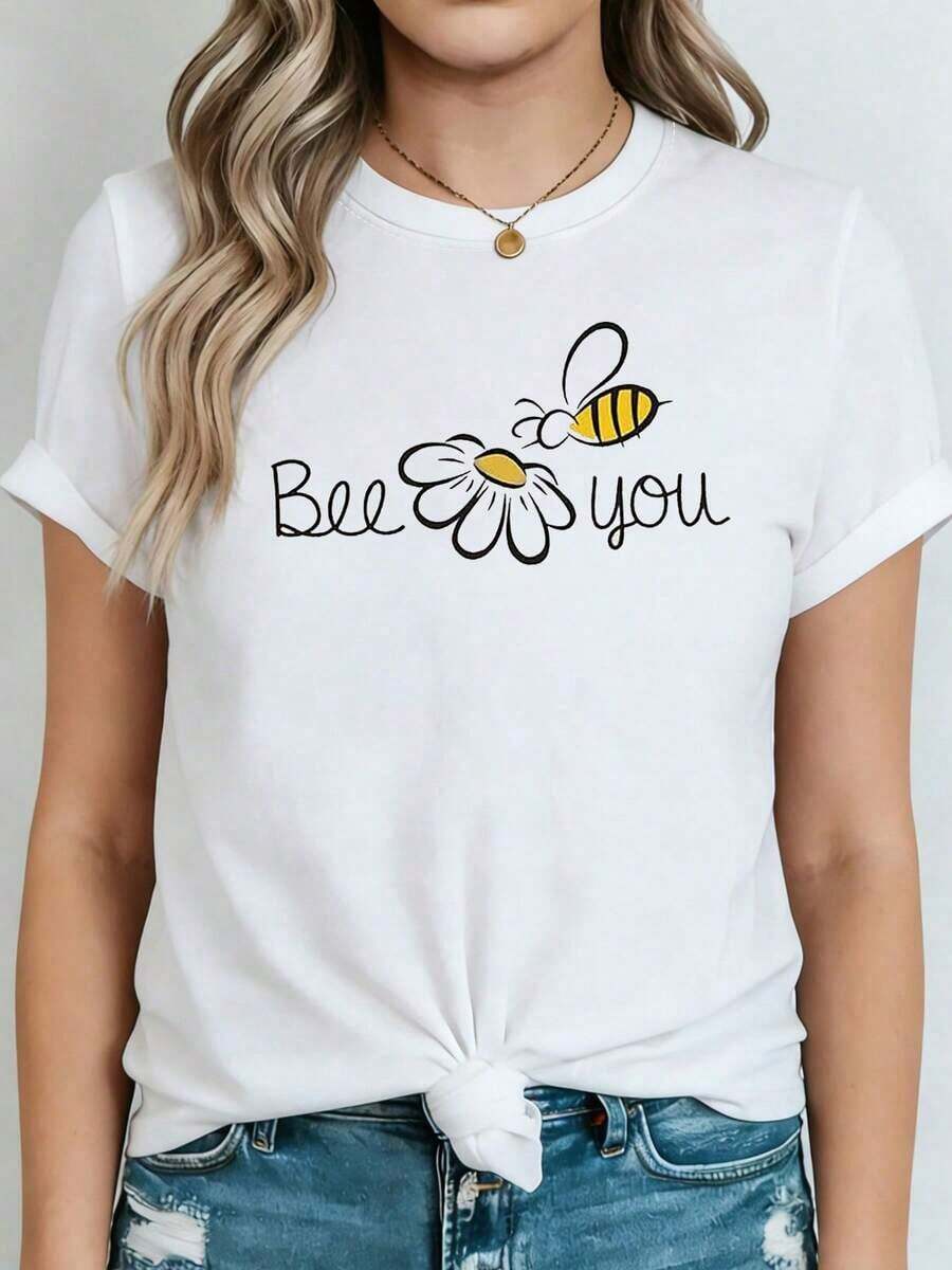 Soft And Comfortable Korean-Style T-Shirt, Casual Wear, Curvy Style, Bee Print, "Bee You" Design, Loose Fit For Women In Spring/Summer. Suitable For Nature Lovers, Emotional Comfort, Socializing At A Relaxed Pace, And Occasions For Self-Care. Short-Sleeved T-Shirt Suitable For Everyday Wear. Relaxed And Stretchy Fit, 100% Cotton, Breathable. - 白色 - 查看 1