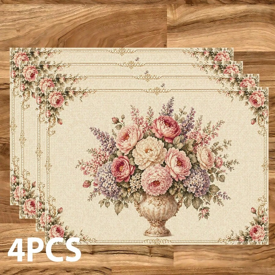 1/4/6/8/12 Pcs Floral Pattern Linen Washable Printed Table Mats, Protective Placemats For Indoor/Outdoor Dining Table, Suitable For Holiday Parties, Kitchen