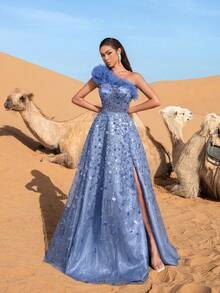 Faeriesty Đầm maxi không tay cổ lệch vai đính sequin, xẻ tà xếp ly, thắt lưng đính hạt cườm, thích hợp cho nữ dự tiệc dạ hội. - Màu xanh bụi bặm - Xem 3