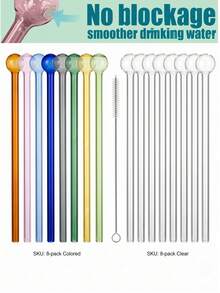 8pcs Durable 8" Glass Straw Set, Heat-Resistant Colorful Borosilicate Glass Tubes With Creative Bulb Top, Reusable & Transparent Drinking Accessories For Home, Bar & Party, High-Temperature Tolerant - Bộ 8 ống thủy tinh màu - Xem 1
