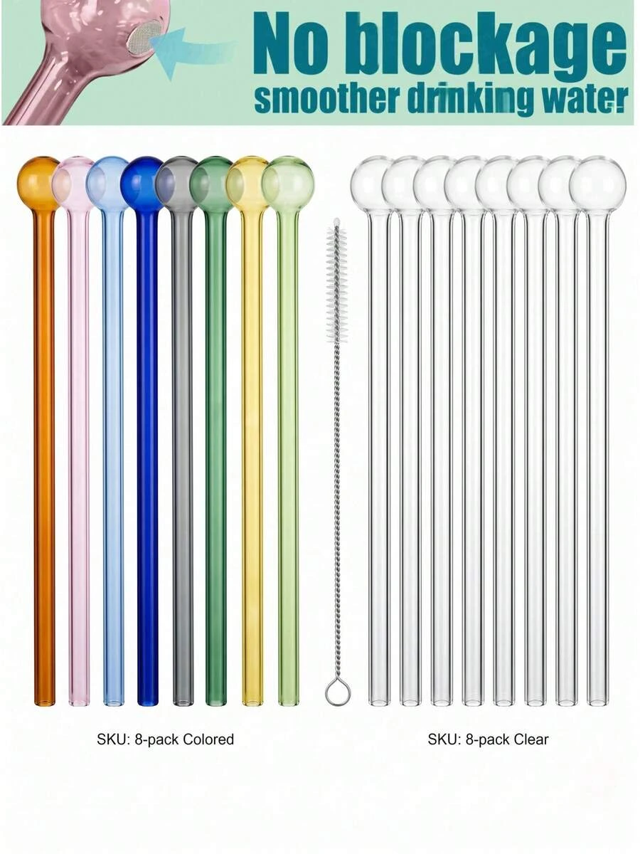 8pcs Durable 8" Glass Straw Set, Heat-Resistant Colorful Borosilicate Glass Tubes With Creative Bulb Top, Reusable & Transparent Drinking Accessories For Home, Bar & Party, High-Temperature Tolerant - Bộ 8 ống thủy tinh màu - Xem 1