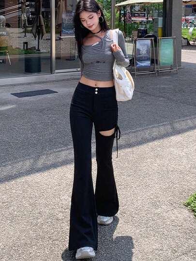 Women's High Waist Solid Color Flare Leg Slim Fit Hollow Out Drawstring Casual Pants, Spring/Summer/Autumn