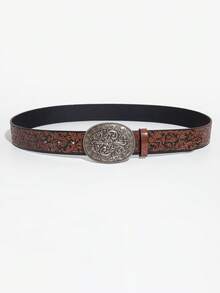1pc Women's Retro Brown Floral Pattern PU Leather Belt With Carved Metal Buckle, Western Style Suitable For Commuting - Camel - View 4