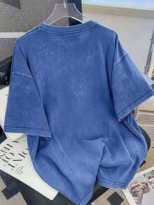 2026 Oversized Vintage Black Cotton Shirt With Face Print, Loose Fit,Vintage Washed Cotton Loose-Fit T-Shirt, Cute  Face And Heart Print - 藍色 - 查看 2