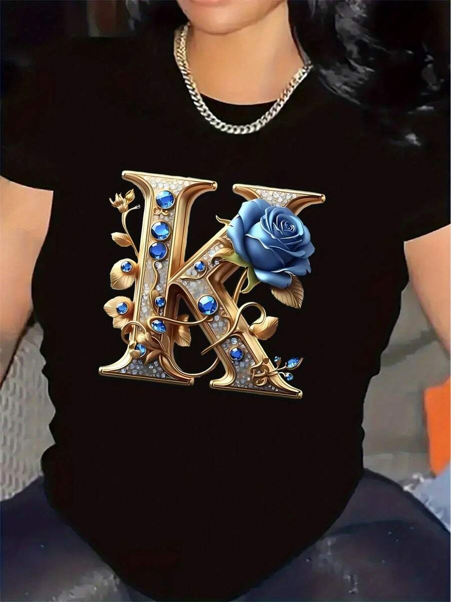 Polyester Short-Sleeved T-Shirt, Decorated With A Gold K Letter And A Blue Rose Pattern, Suitable For Home/Office Use, Durable Fabric, Elegant Appearance, Comfortable To Wear, Suitable For Both Casual And Formal Occasions. - Black - View 1