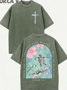2026 Summer Clothes(230g T-Shirt) Loose Washed Cotton "When You Go Through Deep Waters" Turtle Graphic T-Shirt, Comfortable Christian Faith Tee With Bible Verse, Breathable Retro Streetwear - Gift ChoiceLoose And Comfortablesummer Tops - Màu xanh Ô liu - Xem 2