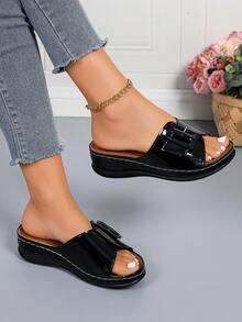 PWIIMG Black Glossy Platform Wedge Sandals, Open Toe With Metal Buckle Decor, Fashionable New Summer Casual Beach Vacation Sandals,Holiday Essential - Black - View 6
