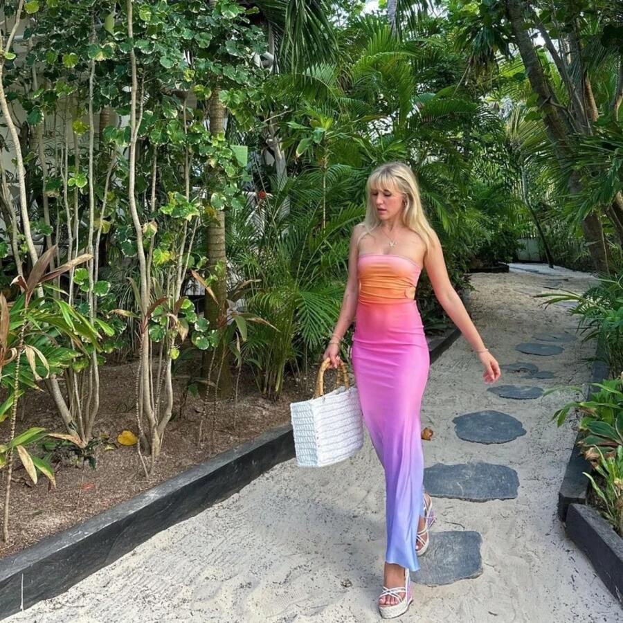 Vestido Sexy sin tirantes con estampado degradado para mujer, Vestidos hasta el tobillo con envoltura en el pecho, moda de playa, verano - Colores Mezclados - Ver 1