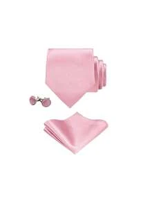 Men's Solid Color Necktie Set, Includes 8cm Necktie, Pocket Square, Cufflinks, Suitable For Business, Formal Occasions, Weddings And Parties - Baby Pink - View 2