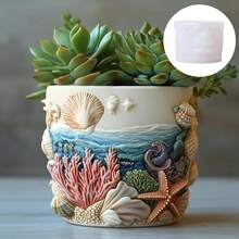 海洋生物浮雕多肉植物花盆树脂硅胶模具贝壳海星波浪浮雕圆形储物盒笔筒混凝土水泥硅胶模具珊瑚贝壳植物花盆石头模具工艺品模具 - A - 查看 1