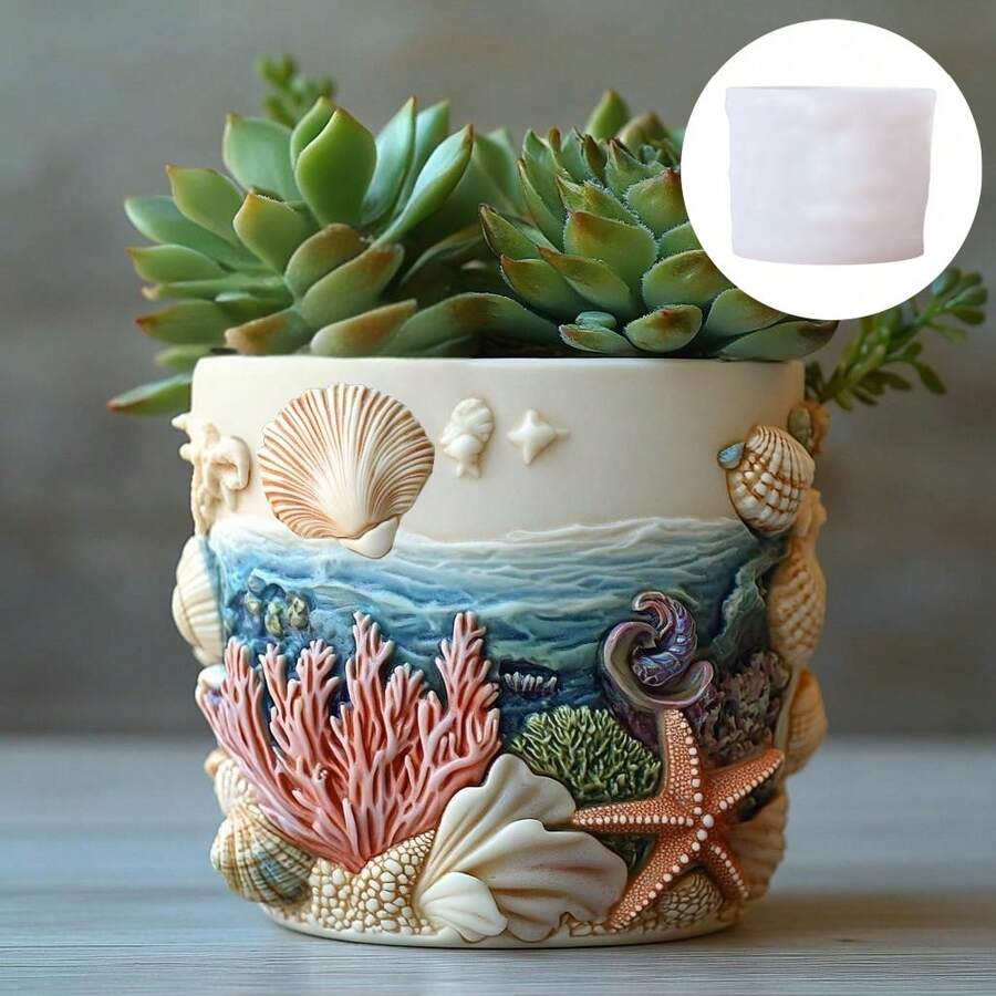 海洋生物浮雕多肉植物花盆树脂硅胶模具贝壳海星波浪浮雕圆形储物盒笔筒混凝土水泥硅胶模具珊瑚贝壳植物花盆石头模具工艺品模具 - A - 查看 1