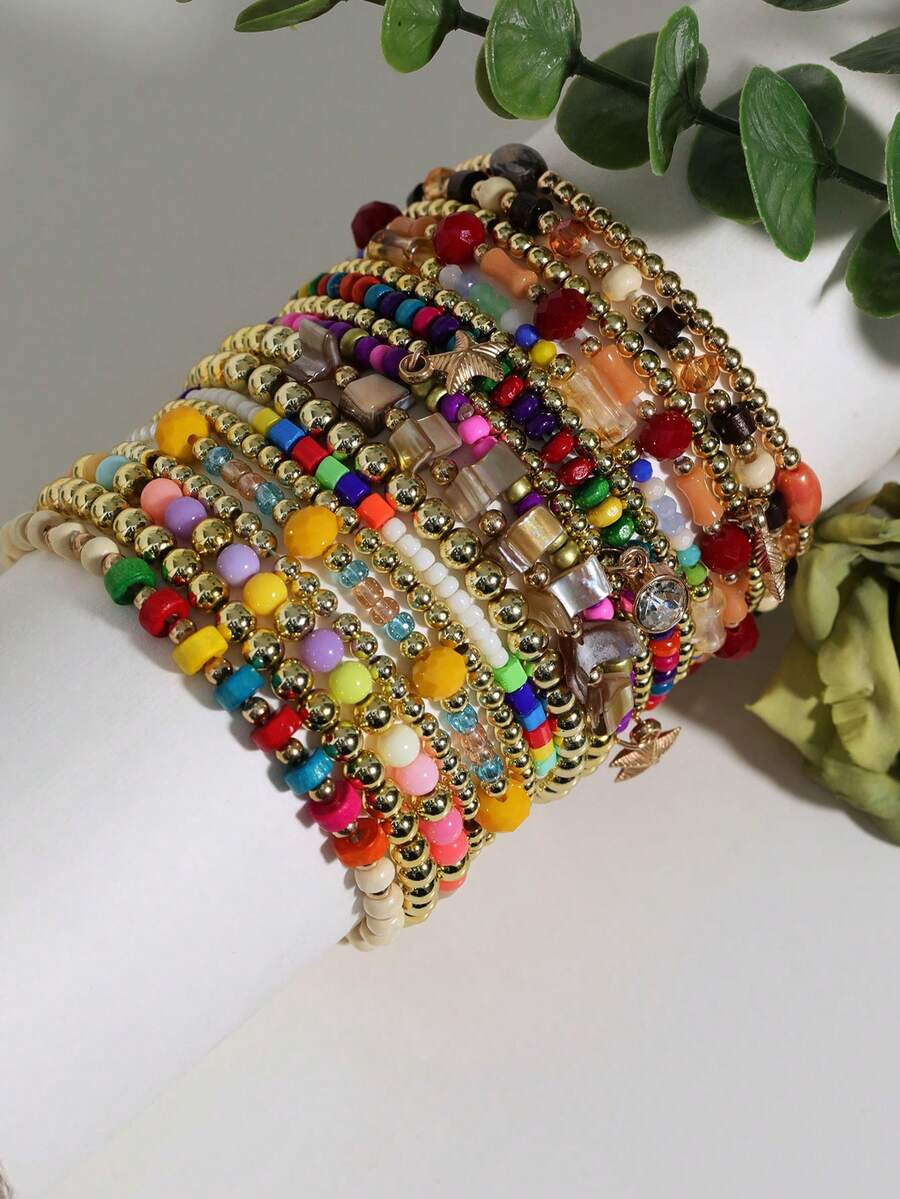 18 件/套手工串珠波西米亚风格时尚个性化堆叠彩色手链套装，适合女性派对和日常佩戴