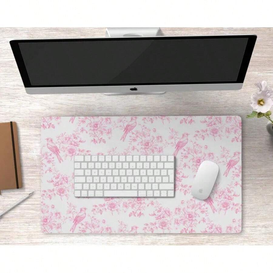 Pink Toile Desk Abstract Coquettecore Aesthetic Desk Decor Keyboard Coquette Desk Cute Gaming Mouse Pad Large Mousepad - Black - View 1