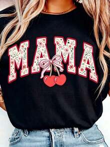 Camiseta con diseño de lazo de cereza para mamá, PNG de mamá, diseño estético femenino para niña, diseño de sublimación, camiseta estampada para mujer con cuello redondo y lazo para el Día de la Madre, transpirable y cómoda. - Negro - Ver 1