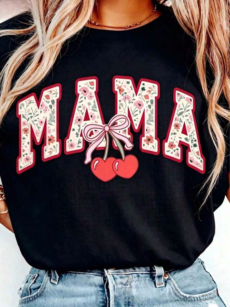 Camiseta con diseño de lazo de cereza para mamá, PNG de mamá, diseño estético femenino para niña, diseño de sublimación, camiseta estampada para mujer con cuello redondo y lazo para el Día de la Madre, transpirable y cómoda. - Negro - Ver 1